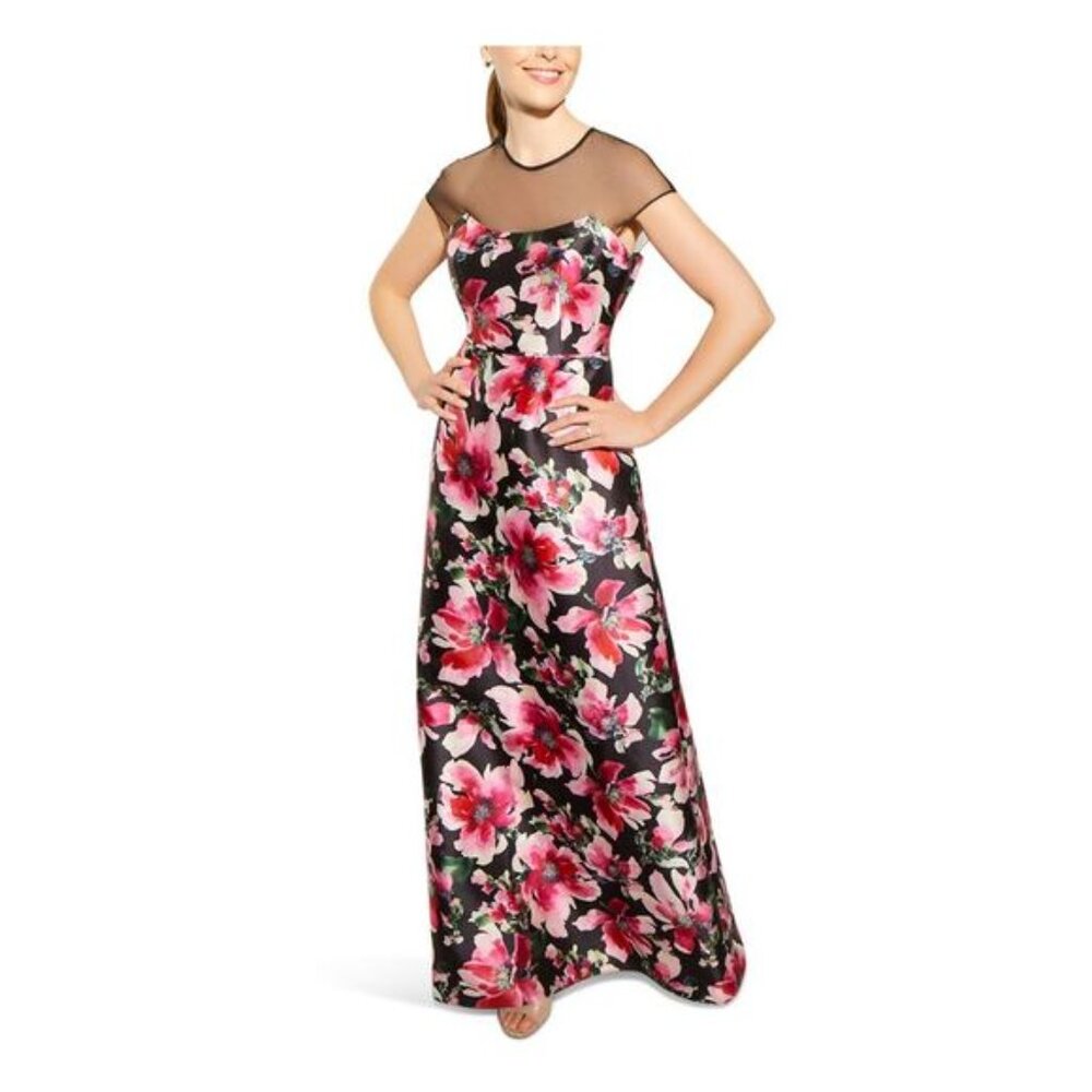 Adrianna Papell Floral Illusion Dress - Size 2 - Pink/Black Mikado Gown